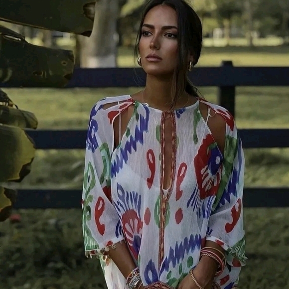 Zara Long Beaded Print Kimono Kaftan Sheer Colorful Beach Coverup Xs - Picture 1 of 9